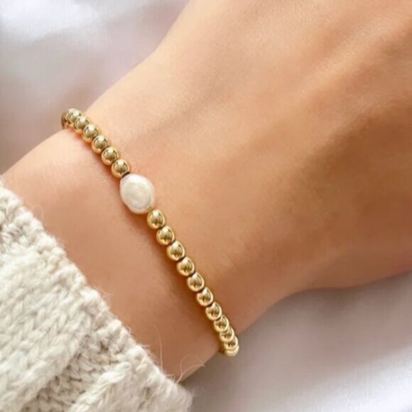 Gold Stretch Bracelet Gold Beads with Pearl Bracelet WATERPROOF non-tarnish gold - Picture 3 of 11